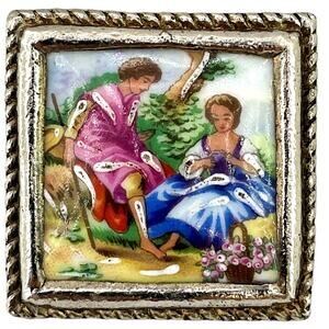 Limoge France Courting Couple Porcelain Brooch Pin Silver Rope Trim